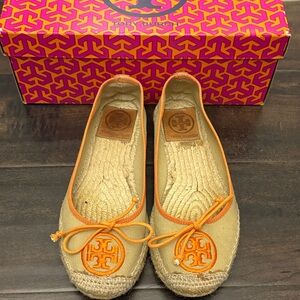 Tory Burch Beige Canvas Espadrille Flats with Orange Trim